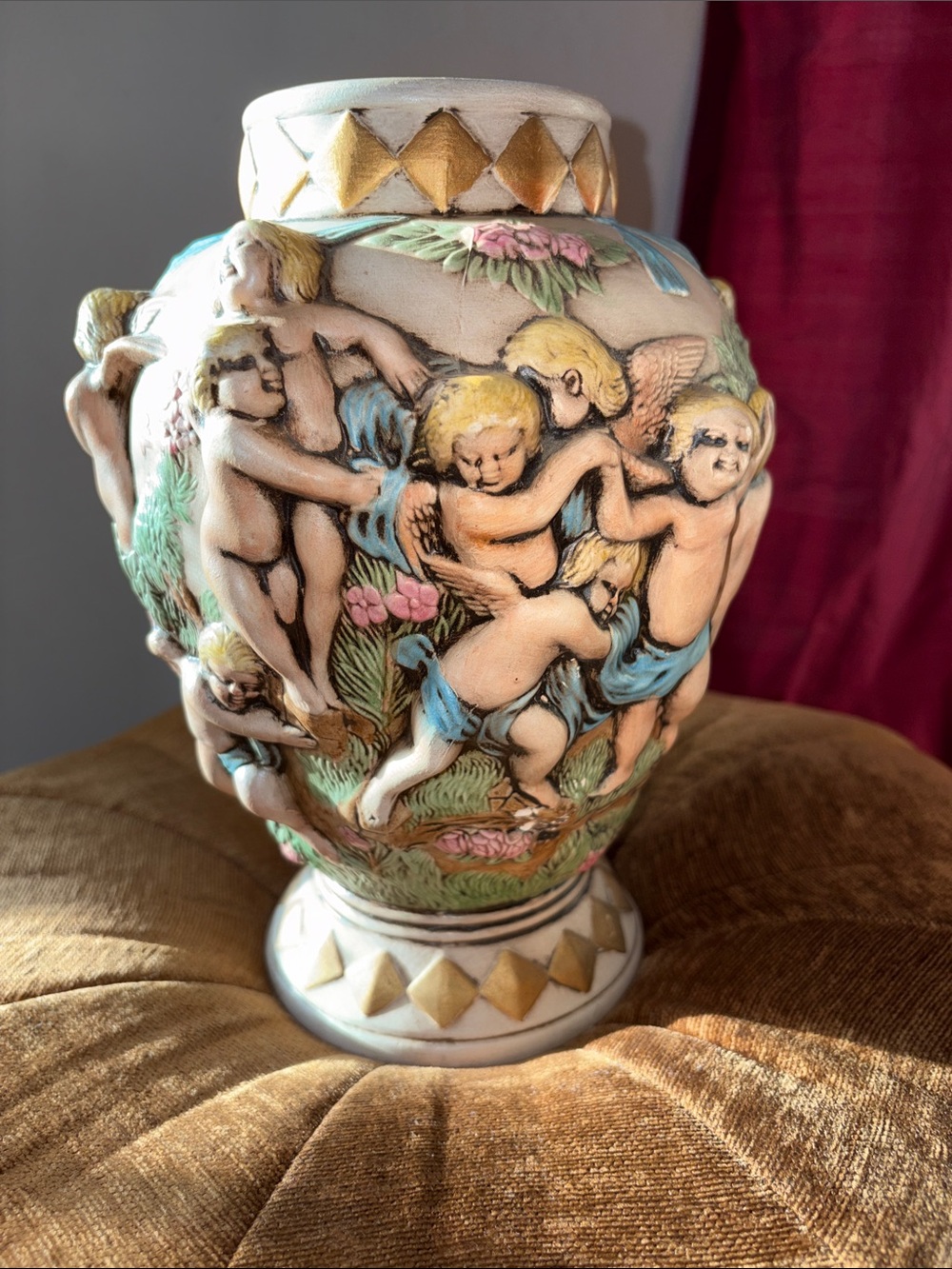 Vintage Ornate Cherub Relief Ceramic Vase